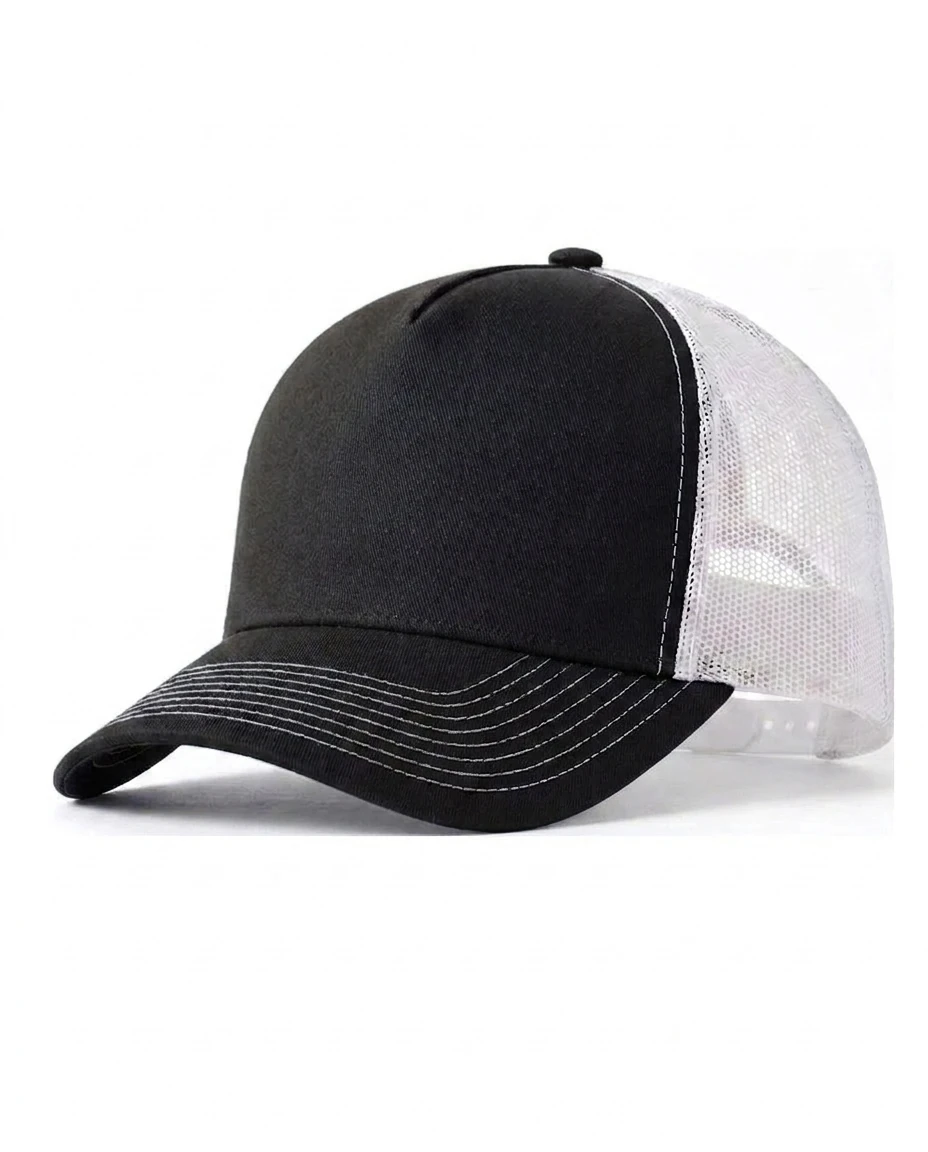 Style 1117 5-Panel Heavy Structure Contrast-Stitch Trucker custom cap in Black / White