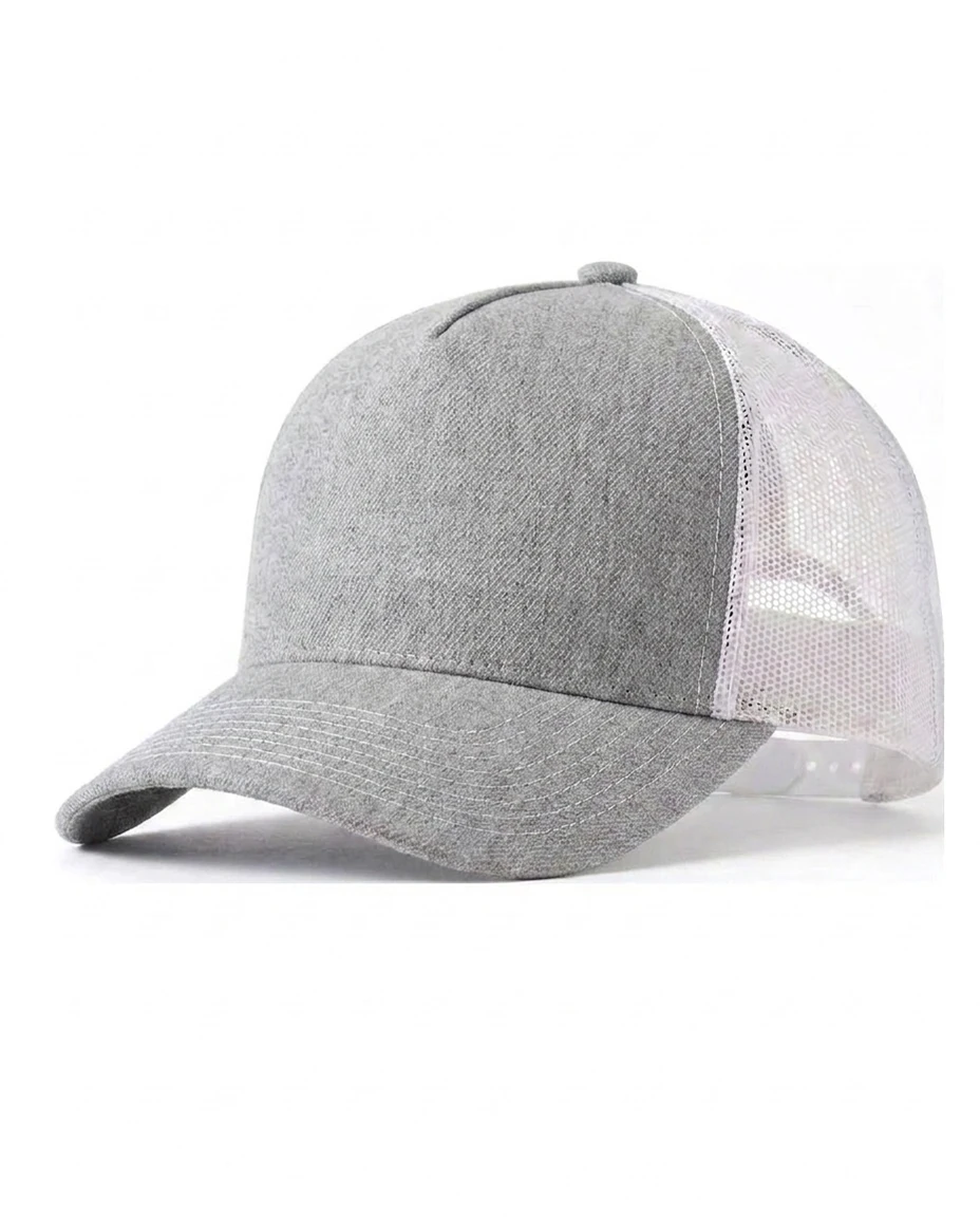 5-Panel Heavy Structure Contrast-Stitch Trucker in Heather Gray / White