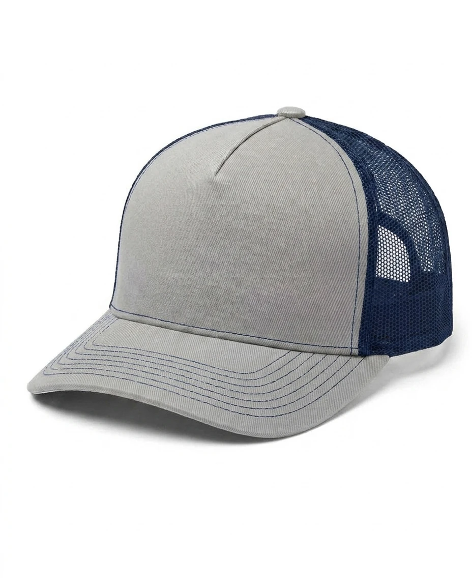 5-Panel Heavy Structure Contrast-Stitch Trucker in Light Gray / Navy