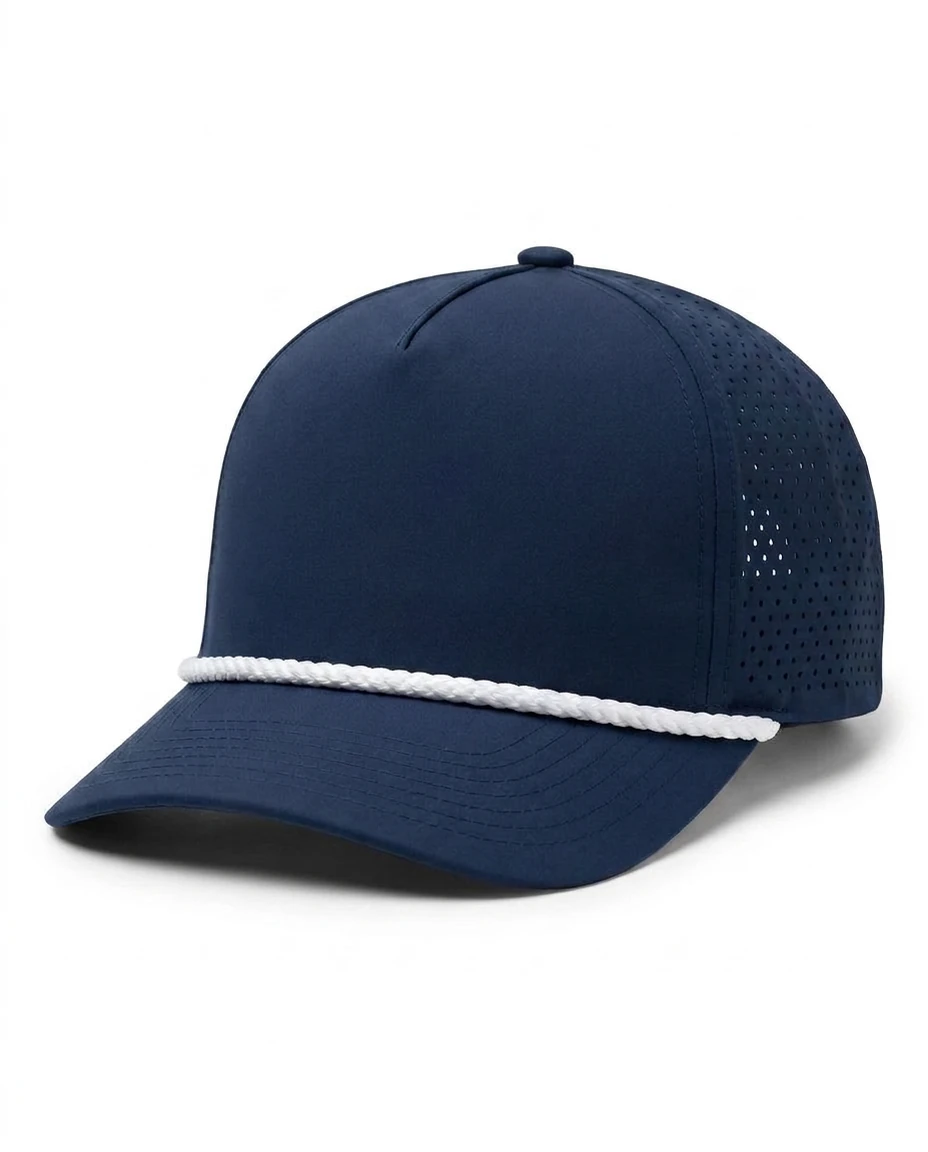 Style 1118 5-Panel Heavy Structure Flat Bill Cap custom cap in Navy · Microfiber Perf + Rope