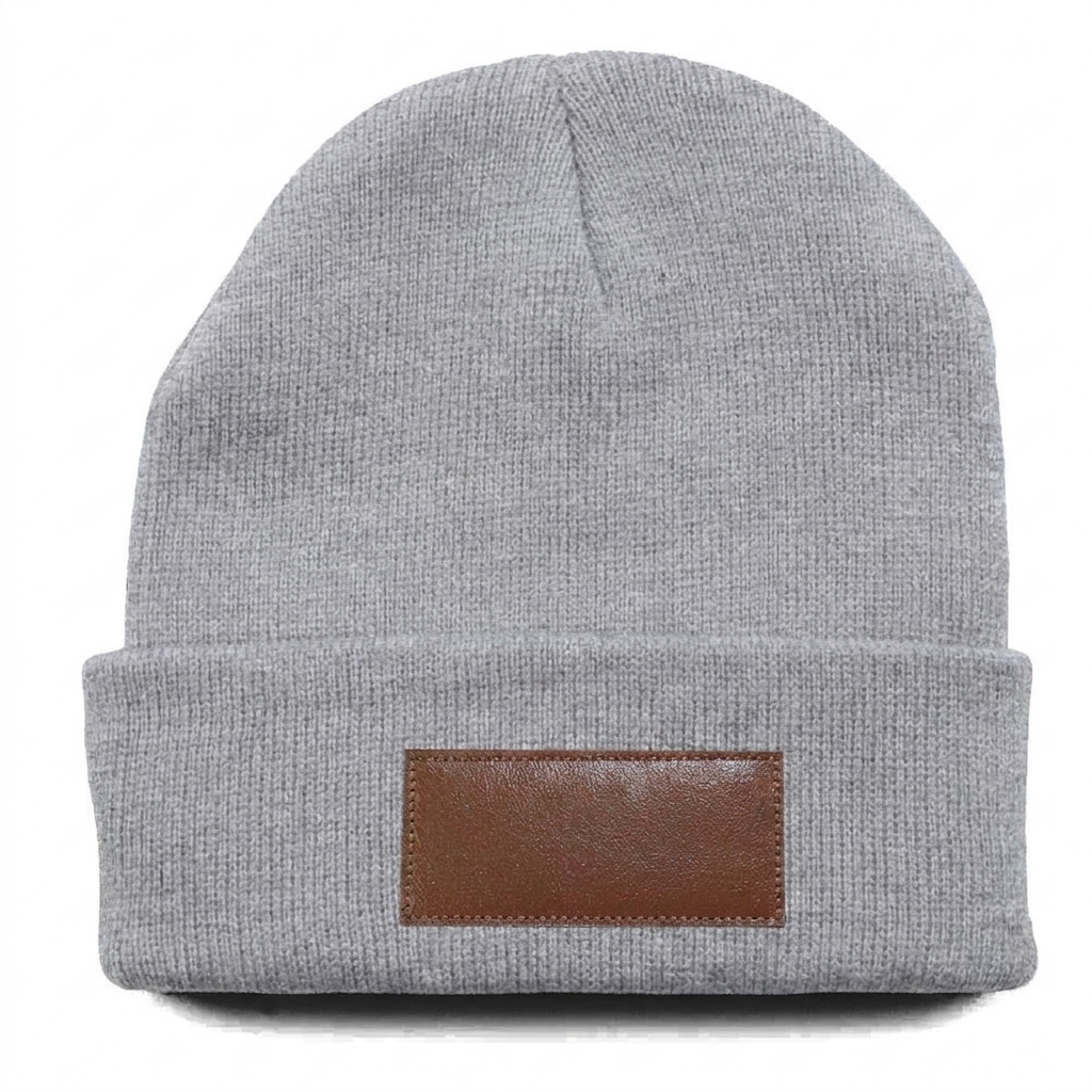Classic Cuff Beanie with Leather Patch in Light Gray