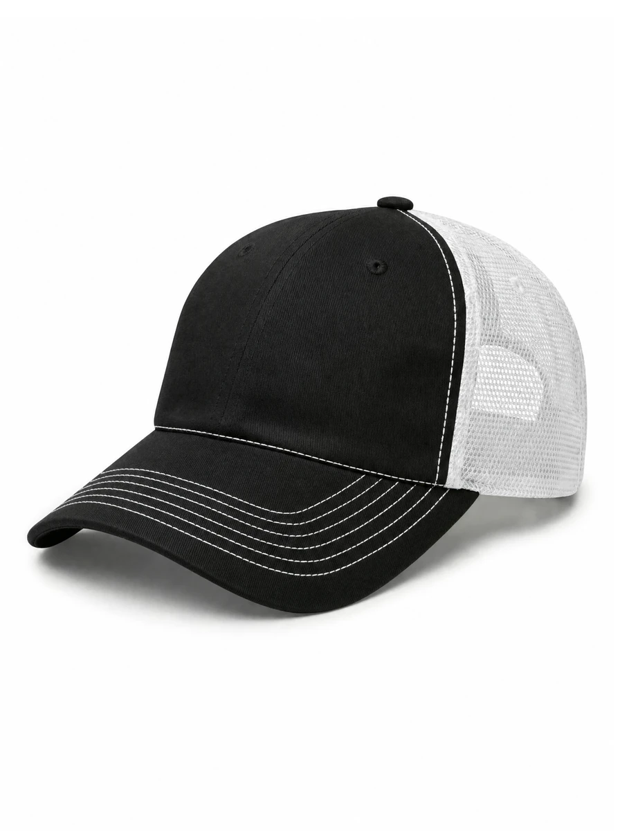Style 1050C The Relaxed Contrast Trucker custom cap in Black / White