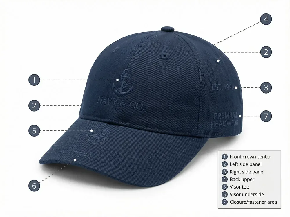 Decoration placement locations on a custom cap