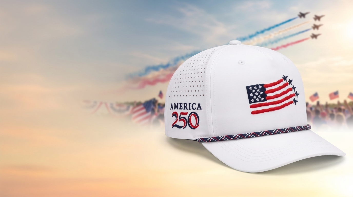 White rope cap with embroidered USA flag, America 250 text, and red-white-blue braided rope