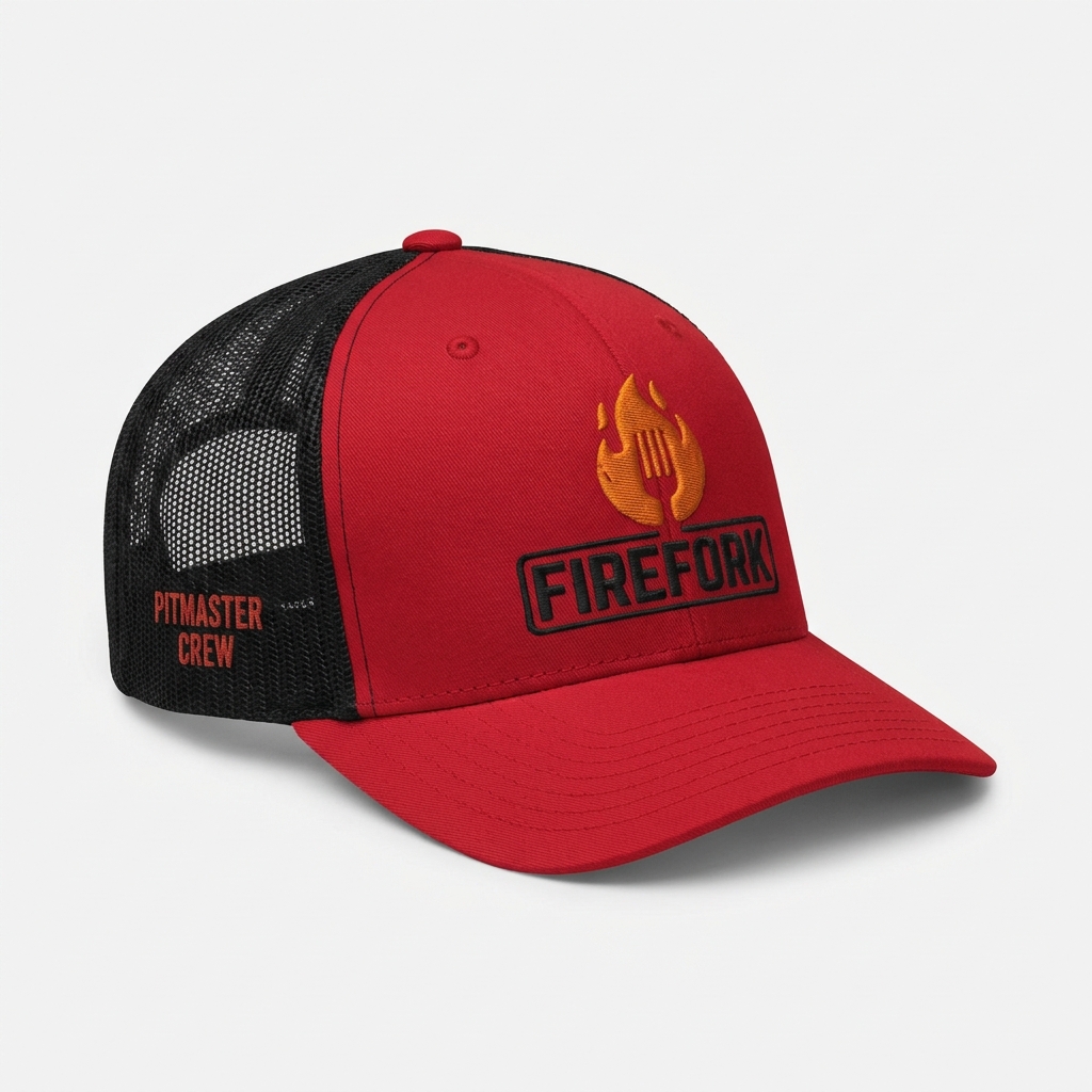 Custom structured cap with raised 3D puff embroidery over flat stitching