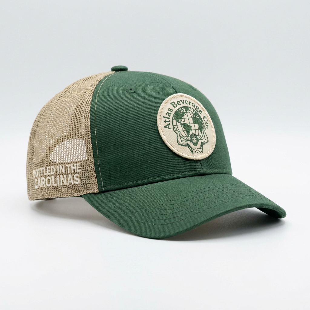 Forest green farm cap with full-color woven patch and coarse tan mesh